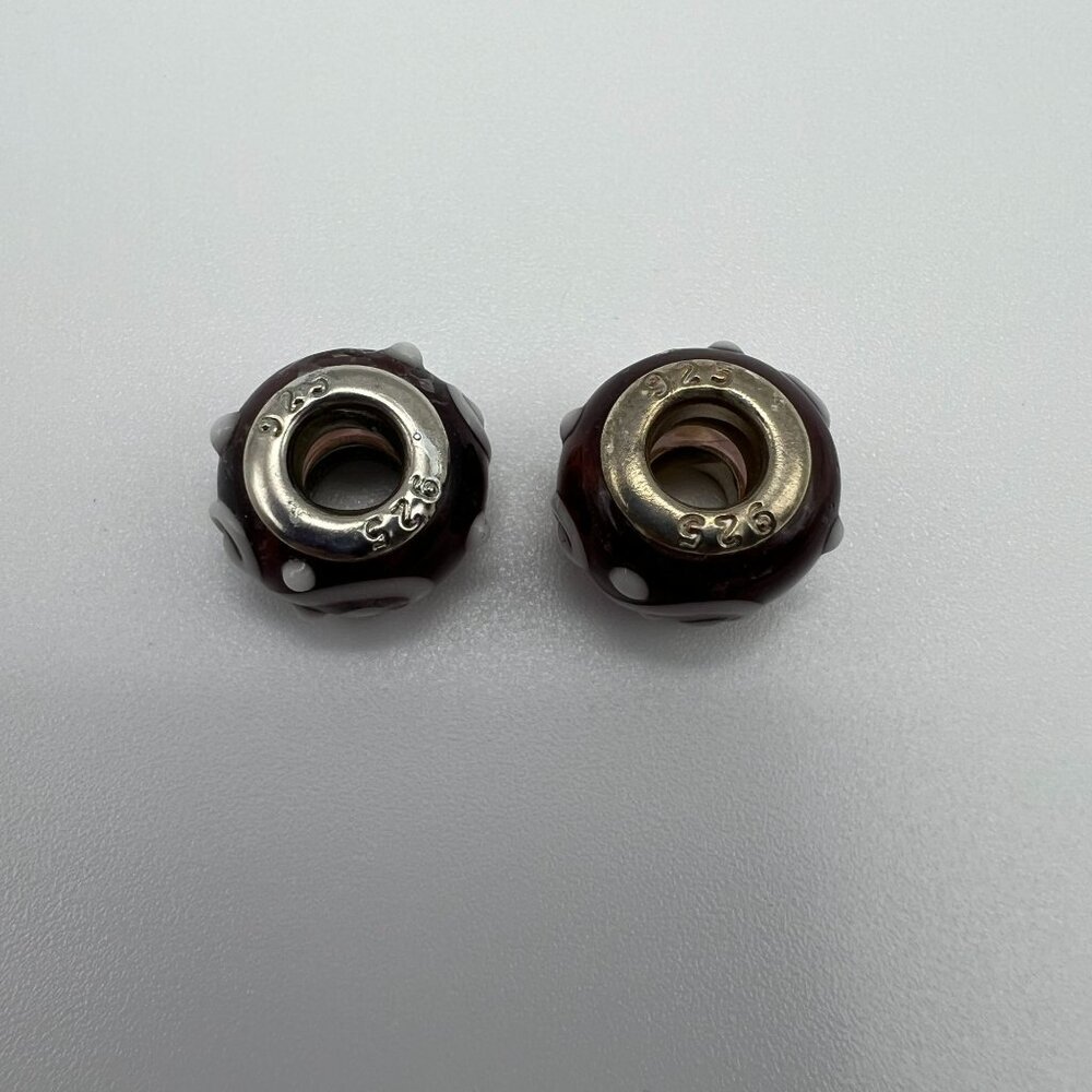 Sterling Silver 925 Brown & White Glass Charm Beads With Swirl Motif For Bracele